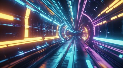 Wall Mural - Futuristic tunnel with glowing neon lights, creating a sense of motion and high technology