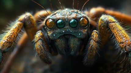 Wall Mural - Captivating extreme close up photograph showcasing the intricate details and fierce menacing appearance of a spider  This arachnid predator s glowing compound eyes sharp fangs and spindly