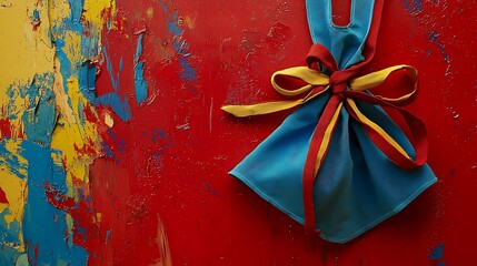 Blue dress with ribbon on colorful wall, symbolizing childhood or gift