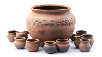 Clay pot and cups isolated on white for kitchen or decor