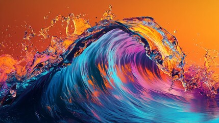 Wall Mural - Dynamic Water Wave with Vibrant Colors and Splashes on an Orange Background