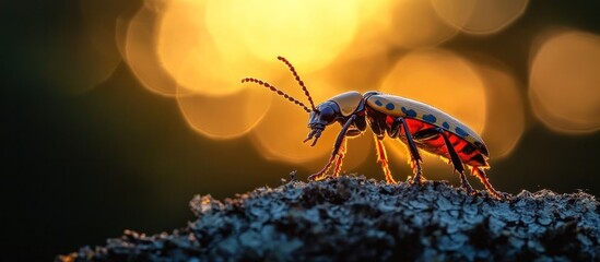 Wall Mural - Close up Macro Shot of a Vivid Colorful Insect Crawling and Exploring a Vibrant Natural Scene with Blurred Bokeh Lights in the Background