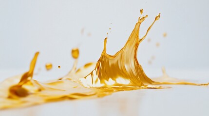 Wall Mural - Golden liquid splash in slow motion on light background with smooth curves and drops