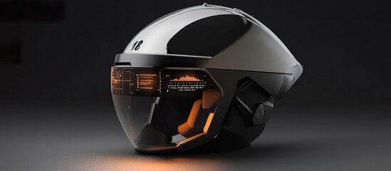 A wearable tech helmet designed for industrial use, featuring an integrated display for real-time environmental data.