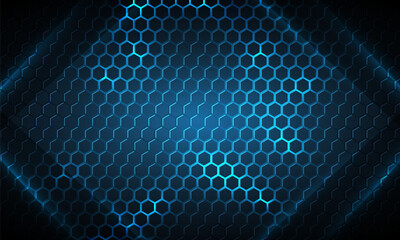 Wall Mural - Hexagon gaming technology vector dark blue abstract background with bright glowing energy flashes. Vector illustration