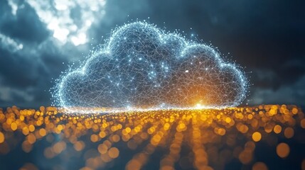 Wall Mural - Digital cloud network glowing above a golden landscape