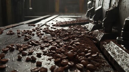 Wall Mural - Close-up view of coffee beans and grounds scattered on a processing table in a factory setting