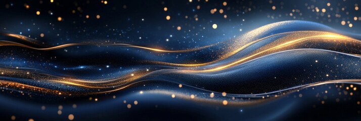 Golden particles flowing and swirling over a blue wavy fabric, creating a luxurious and elegant abstract background with bokeh effect