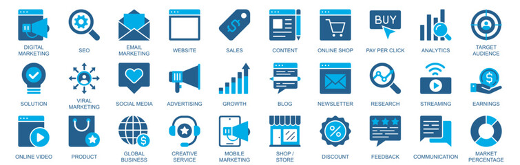 Aufkleber - Digital marketing icon set in flat duotone solid icons web design. Pack pictograms with seo, email, sales, content, pay per click, analytics, target audience, social media, other. Vector illustration.