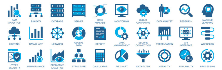 Poster - Data analytics icon set in flat duotone solid icons web design. Pack pictograms with database, server, analysis, monitoring, cloud computing, machine learning, hosting, other. Vector illustration.