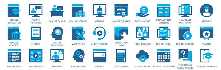 Leinwandbilder - Online education icon set in flat duotone solid icons web design. Pack pictograms with teaching, class, school, mentor, tutor cost, educational, learning platform, student, other. Vector illustration.