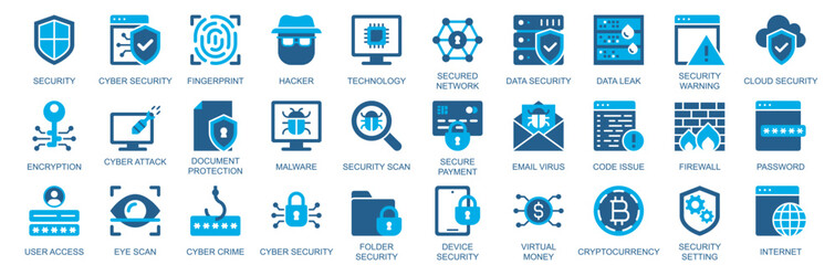 Aufkleber - Cyber security icon set in flat duotone solid icons web design. Pack pictograms with fingerprint, hacker, technology, network, scan, encryption, attack, document, virus, other. Vector illustration.