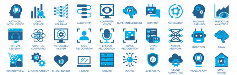 Leinwandbilder - Artificial intelligence icon set in flat duotone solid icons web design. Pack pictograms with data science, deep learning, algorithm, computer, vision, automation, brain, other. Vector illustration.