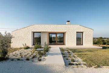 Wall Mural - A single-story countryside house with light stone walls, minimalist landscaping, and flat roof accents