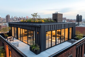 Wall Mural - A single-story home with black steel cladding, expansive windows, and an open rooftop patio