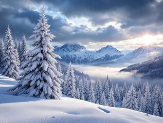 Fototapete - a winter scene with snow-covered evergreen trees and mountains in the background. The sky is filled with clouds, and the sun is partially visible, casting a bright light over the landscape.