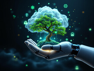 Fototapete -  a robotic hand holding a digital tree with glowing leaves and symbols floating around it, set against a dark background.