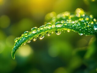 Fototapete - a close-up of a green leaf with water droplets on it, set against a blurred green background.