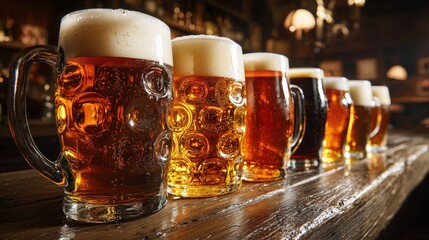 A row of six beer mugs on a wooden bar