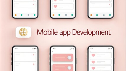 Mobile app development with multiple smartphone screens - Illustrative design showcasing mobile app development with various smartphone interfaces, featuring user engagement and interactive elements.
