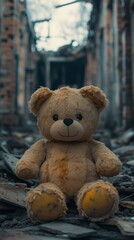 abandoned stuffed toy in ruined building symbolizing loss and resilience