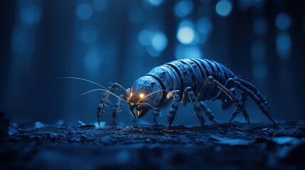 Wall Mural - Enigmatic Armored Insect Crawling in the Forest Undergrowth with Moody Lighting and Mysterious Atmosphere