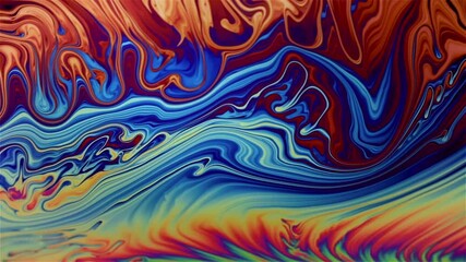 Wall Mural - Closeup video of a soap bubble showing thin film interference concept and the resulting different colors of light with each moving and swirling shapes. Perfect for illustrating concepts of physics.
