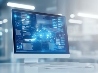 a modern computer screen displaying advanced data analytics with blue digital graphics and code line