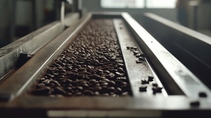 Wall Mural - Close-up view of roasted coffee beans on a conveyor belt in a processing facility, with equipment