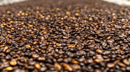 Wall Mural - Close-up view of roasted coffee beans spread across a surface, showcasing their rich texture and color