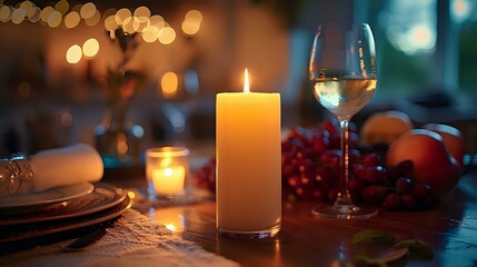 Romantic holiday table setting with glowing candles, white wine glass and festive decorations for Christmas or winter celebration dinner party.