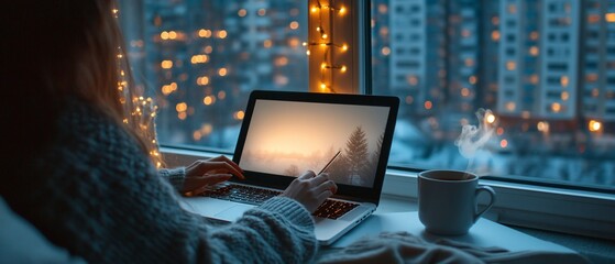 Wall Mural - Woman works on laptop by window, city lights, cozy winter evening, remote work