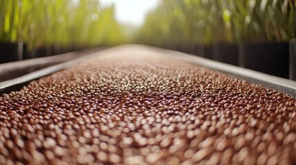 Wall Mural - Close-up view of a conveyor belt filled with coffee beans in a lush green plantation setting