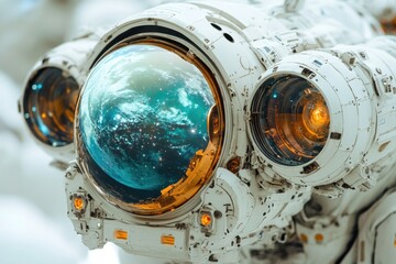 Wall Mural - close-up shot of an astronaut's helmet with a distant planet visible in the background, suitable for