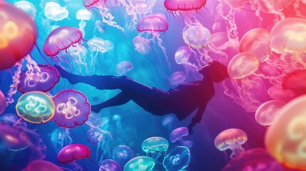 Wall Mural - A person swimming in the water surrounded by jellyfish, great for use as a background or illustration for articles about marine life, conservation or adventure travel