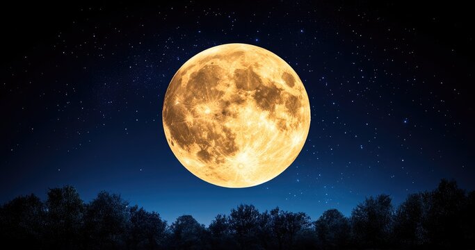 Large Yellow Full Moon Over Dark Silhouetted Trees Under Starlit Night Sky