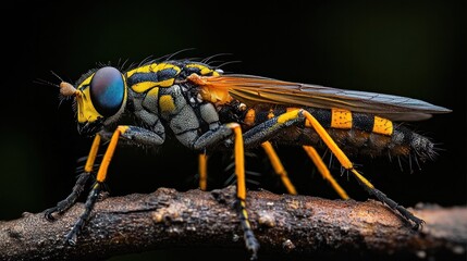 Wall Mural - Macro Close up Photography of a Fierce Predatory Fly Insect with Intimidating Ominous and Unsettling Appearance in a Dark Mysterious Natural Environment