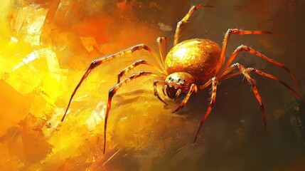 Wall Mural - Captivating digital of a menacing spider like arachnid creature lurking within a vibrant fiery autumn forest backdrop  The composition evokes a sense of danger and mystery