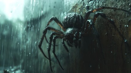 Wall Mural - Closeup of a large hairy and ominous spider crawling through a dark damp and mossy forest environment amid rainfall and leaves  The spider s intricate details fangs