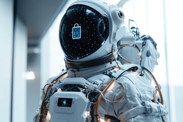 Wall Mural - astronaut holding smartphone in space suit, suitable for tech or sci-fi themes