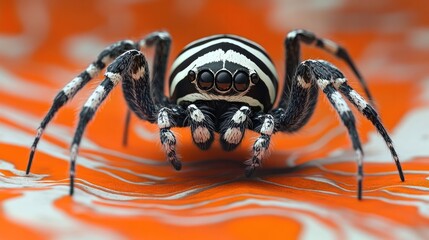 Wall Mural - Ominous presence of a large hairy spider with venomous fangs and compound eyes looming against a vivid orange backdrop creating a sense of fear and fascination