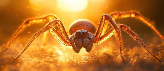 Wall Mural - Captivating close up of a glowing orange spider set against a backlit autumn nature scene creating a dramatic and mysterious atmosphere with its intricate details and striking appearance