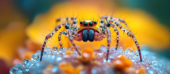 Wall Mural - Extreme closeup macro shot of a vibrant orange and blue venomous spider crawling on multicolored leaves in a natural outdoor environment  The spider s detailed anatomy including its fangs eyes legs