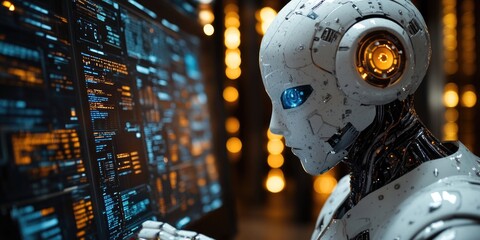 A robot focused on a computer screen with detailed information displayed