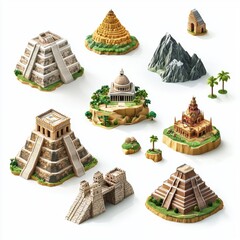 Wall Mural - 3D icon cartoon collection of Seven Wonders, including Machu Picchu and Petra, floating in mid-air like collectibles, isolated on a white background 