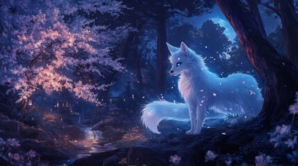 Wall Mural - Kitsune with multiple tails glowing under the moonlight, standing in a serene Japanese forest with cherry blossoms in bloom