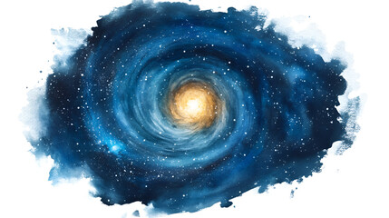 watercolor of dark blue cosmic spiral galaxy with bright core isolated on white or white png