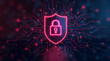 © igor.nazlo - Abstract neon representation of cyber security, shield shape with padlock implied, glowing lines and circuit board textures, dark and blurred background, digital art