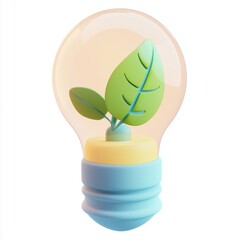 Wall Mural - 3D icon cartoon electric lightbulb with a leaf inside, representing sustainable ideas, isolated on a white background --quality 2