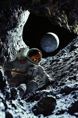 Wall Mural - an astronaut sits on the moon's surface, wearing a spacesuit